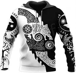 YeSbTx Norse Mythologie Viking Odin Schwarz -Weiß Wolf Tattoo 3D Druck Herren Hoodie Autumn Sweatshirt Zipper Kapuze Lose Casual Pullover Unisex (Color : Hoodie, Size : 3XL) von YeSbTx