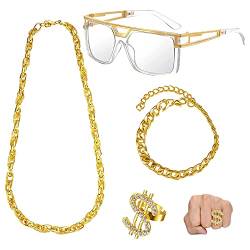 4 teilig Pilotenbrille zu Fasching Karneval,Gangster Kette & Brille Gold,Dollar Ring Gold,Hippie Accessoires Goldkette,Herren Vergoldet Hip Hop Halskette,70er 80er 90er Jahre Bekleidung Accessoires von YeahBoom