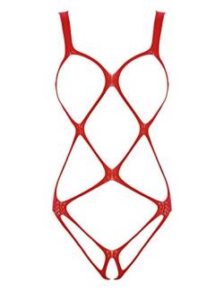 Yeahdor Damen Fischnetz Body Ouvert Netz Bodysuit Ausgehöhlte Stringbody Körper Harness Bodystocking Dessous Reizwäsche Rot Einheitsgröße von Yeahdor