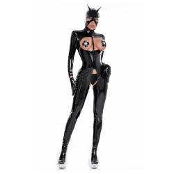 Yeahdor Damen Wetlook Body Ouvert Lackleder Bodysuit mit Reißverschluss Brustfreier Ganzkörperanzug Open Cup Jumpsuit Lingerie Dessous A Schwarz B L von Yeahdor