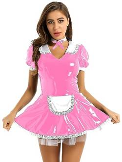 Yeahdor Damen Wetlook Dienstmädchen Kostüm Lackleader Minikleid mit Halsreif Dessous Kleid Fasching Party Cosplay Verkleidung Aa Rosa 3XL von Yeahdor