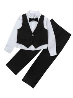 Yeahdor Kinder Jungen Bekleidung Set Festlich Anzug Set Blazer Smoking Weste + Hemd + Hose + Fliege Formelle Set Hochzeit Party A Schwarz 122-128 von Yeahdor