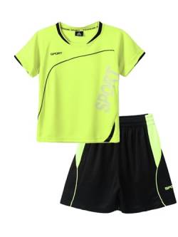 Yeahdor Kinder Jungen Sport Kleidung Set Kurzarm Sportshirt mit Kurz Hose Loose Fit Sportanzuzg Trainingsanzug Fitness Laufen Jogging Da Leuchtend Grün A 146-152 von Yeahdor