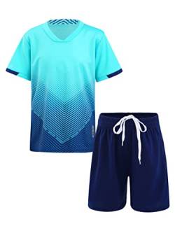 Yeahdor Kinder Jungen Sport Kleidung Set Kurzarm Sportshirt mit Kurz Hose Loose Fit Sportanzuzg Trainingsanzug Fitness Laufen Jogging Ja Himmel Blau 134-140 von Yeahdor