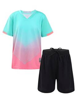 Yeahdor Kinder Jungen Sport Kleidung Set Kurzarm Sportshirt mit Kurz Hose Loose Fit Sportanzuzg Trainingsanzug Fitness Laufen Jogging Ja Mint Grün&Rosa 158-164 von Yeahdor