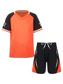 Yeahdor Kinder Jungen Sport Kleidung Set Kurzarm Sportshirt mit Kurz Hose Loose Fit Sportanzuzg Trainingsanzug Fitness Laufen Jogging L Orange 110-116 von Yeahdor