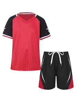 Yeahdor Kinder Jungen Sport Kleidung Set Kurzarm Sportshirt mit Kurz Hose Loose Fit Sportanzuzg Trainingsanzug Fitness Laufen Jogging L Rot 122-128 von Yeahdor