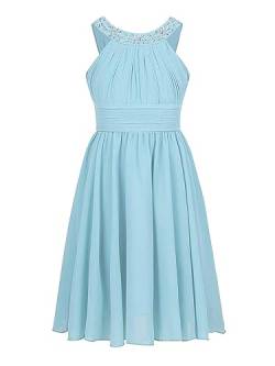 Yeahdor Kinder Mädchen Festlich Kleid Hochzeit Ärmellos Blumenkinder Kleid mit Strass Chiffon Abendkleid Party Festzug E Himmelblau 134-140 von Yeahdor