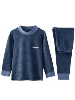 Yeahdor Kinder Mädchen Jungen Thermounterwäsche Set Langarm Thermoshirt mit Thermohose Fleece Schlafanzug Pyjama Set Loungewear Dunkelblau 158-164 von Yeahdor