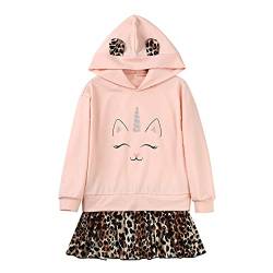 Yeahdor Kinder Mädchen Kapuzenpullover Langarm Sweatkleid Leopard Sweatshirt mit Rock Hoodie Kleid Winter Freizeitkleidung A Hell Orange 122-128 von Yeahdor