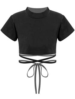 Yeahdor Mädchen Crop Top Kurz Basic Tee Shirt Bauchfrei Oberteil Tanzshirt Sport T-Shirt Unterhemd Fitness Tanz Gymnastik A Schwarz mit Schnür 146-152 von Yeahdor