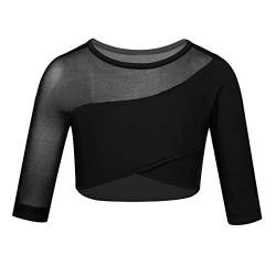 Yeahdor Mädchen Crop Top Tanzshirt Sport Shirt Kurz 3/4 Ärmel Bauchfrei Oberteile Ballettshirt Hip Hop Jazz Training Performance Schwarz 122-128 von Yeahdor