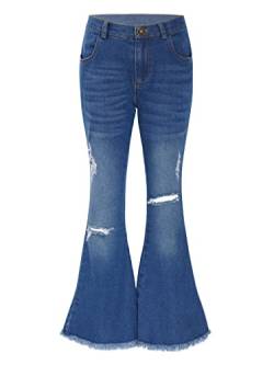 Yeahdor Mädchen Jeanshose Lang Denim Hose Stretch Schlaghose Jeans mit Rüschen Destroyed Stil Pants Freizeit Urlaub J Blau V 122-128 von Yeahdor