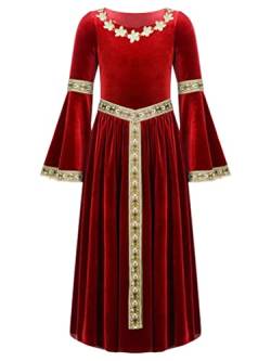 Yeahdor Mädchen Mittelalterliches Kleid Langarm Renaissance Kleid Vintage Fasching Karneval Party Cosplay Verkleidung A Rot 110-116 von Yeahdor