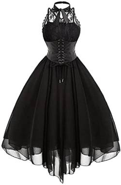 Yeehliny Damen Damen Steampunk Victorian Kleid Rockabilly Kleid Spitzenkleider Cocktailkleid Retro Vintage Festlich A-Linie Schnürkleid Halloween Kleid von Yeehliny