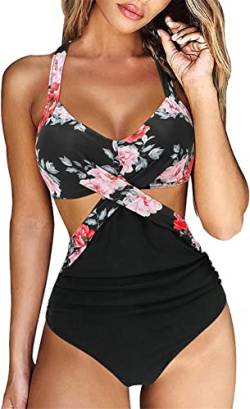 Yeehliny Damen Einteiler Badeanzug Neckholder Triangel V Ausschnitt Raffungen Bauchweg Einteilige Bademode Swimsuit Zierausschnitten Strandmode Swimsuit von Yeehliny