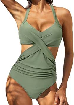 Yeehliny Damen Einteiler Badeanzug Neckholder Triangel V Ausschnitt Raffungen Bauchweg Einteilige Bademode Swimsuit Zierausschnitten Strandmode Swimsuit von Yeehliny