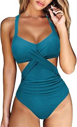 Yeehliny Damen Einteiler Badeanzug Neckholder Triangel V Ausschnitt Raffungen Bauchweg Einteilige Bademode Swimsuit Zierausschnitten Strandmode Swimsuit von Yeehliny