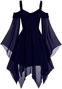 Yeehliny Damen Mittelalter Kleid Maxikleid mit Mesh Trompetenärmel Asymmetrischer Prinzessin Kleider Gothic Halloween-Kleid Karneval Kostüm Renaissance Cosplay Kostüm von Yeehliny