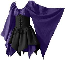 Yeehliny Damen Mittelalter Kleid Maxikleid mit Mesh Trompetenärmel Asymmetrischer Prinzessin Kleider Gothic Halloween-Kleid Karneval Kostüm Renaissance Cosplay Kostüm von Yeehliny