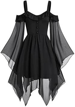 Yeehliny Damen Mittelalter Kleid Maxikleid mit Mesh Trompetenärmel Asymmetrischer Prinzessin Kleider Gothic Halloween-Kleid Karneval Kostüm Renaissance Cosplay Kostüm von Yeehliny