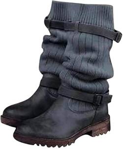 Yeehliny Damen Stiefel Strick Stiefeletten, Winterstiefel Schlupfschuhe Schnalle, Frauen Outdoor Schuhe mit Blockabsatz, Damenstiefel Schlupfstiefel Plateaustiefel Reiterstiefel von Yeehliny