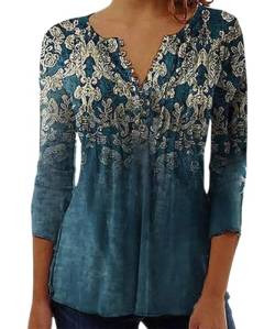 Yeenily Damen 3/4 Ärmel T-Shirt V-Ausschnitt Plissiert Knopfleiste Blusentop Herbst Lässige Tops Lose Bluse(Blau,L) von Yeenily