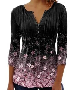 Yeenily Damen 3/4 Ärmel T-Shirt V-Ausschnitt Plissiert Knopfleiste Blusentop Herbst Lässige Tops Lose Bluse(Schwarz,XL) von Yeenily