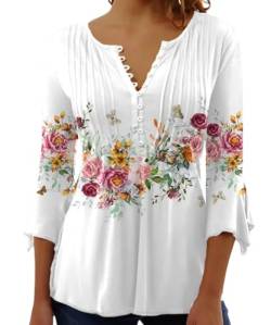 Yeenily Damen 3/4 Ärmel T-Shirt V-Ausschnitt Plissiert Knopfleiste Blusentop Herbst Lässige Tops Lose Bluse(Weiß,S) von Yeenily