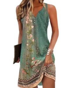 Yeenily Damen Bohemian Ärmellos Kleid V-Ausschnitt Blumenmuster Tunikakleider A Linien Lose Lässiges MiniKleid Freizeitkleid(Ärmellos Grün,XXL) von Yeenily