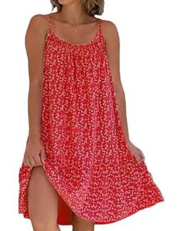 Yeenily Damen Freizeitkleid Ärmelloses Kleid Floral Spaghetti-Träger Kurze Kleider Sommer Lässiges Strandkleid(Rot,XL) von Yeenily