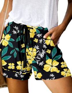 Yeenily Damen Sommer Shorts Bedruckt Kordelzug Hotpants Elastische Taille Lässig Bequem Kurze Hosen Strand Shorts(Gelb,XL) von Yeenily