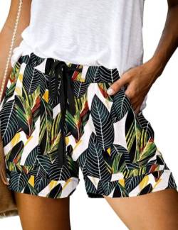 Yeenily Damen Sommer Shorts Bedruckt Kordelzug Hotpants Elastische Taille Lässig Bequem Kurze Hosen Strand Shorts(Weiß,XL) von Yeenily