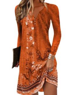 Yeenily Sommerkleid Damen V-Ausschnitt Strandkleid Damen Kleid Langarm Damen Boho Kleidung Damen Elegant Kleid Festlich Damen Blumen Damenkleider Lose Sommerkleider für Frauen (Orange, L) von Yeenily