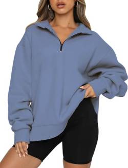 Yeenily Sweatshirt Damen Basic Reißverschluss Pullover Langarm Rundhals Sweatjacke Oversized Loose Fleece Oberteile für Herbst Winter 2023 Kleidung(Blau,S) von Yeenily