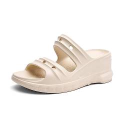 Yeeteepot Damen Plateau Sandalen Sommer Keilabsatz Hausschuhe Plattform Pantoletten Weiche Slip-On Sandaletten Wedges Dicken Schlappen Beige 37/38 EU = 38/39 CN von Yeeteepot