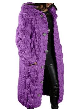 Yegirlzs Damen Strickjacke Lang Cardigan Langarm Grobstrickjacke Strickmantel mit Taschen Strickcardigan mit Knopf Winter Jacke Sweater Outerwear A Violett2 S von Yegirlzs