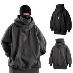 Yeluptu Fall Unisex Oversized Hip-Hop Hoodies, Ninja Double Neckline Cotton Pullover, Men Hoodie Hip Hop Streetwear (M,Grey) von Yeluptu