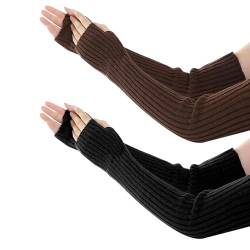 Yemlarey Damen Armstulpen Handschuhe 2 Paar Lange Fingerlose Winter Strickhandschuhe Warme Halbfingerhandschuhe (Schwarz+Braun, ONESIZE) von Yemlarey