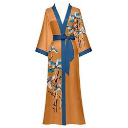Yemmert Damen Satin Kimono Morgenmantel Floral Muster Lang Robe Kimono Bademantel Damen Strandkleid Leicht von Yemmert