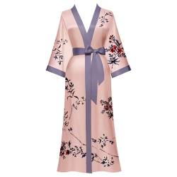 Yemmert Damen Satin Kimono Morgenmantel Floral Muster Lang Robe Kimono Bademantel Damen Strandkleid Leicht von Yemmert