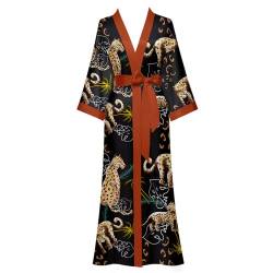 Yemmert Kimono Robe Schwarz Nacht Leopard Robe Kimono Bademantel Damen Strandbekleidung Leichter Schlafanzug von Yemmert