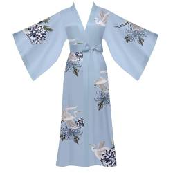 Yemmert Satin Morgenmantel Damen Leicht Lang Robe Kimono Satin Bademantel Damen Strandkleid Leicht Schlafmantel (Cyan-Kran) von Yemmert