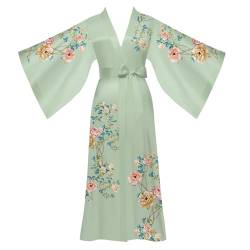 Yemmert Satin Morgenmantel Damen Leicht Lang Robe Kimono Satin Bademantel Damen Strandkleid Leicht Schlafmantel (hellgrüne Blume) von Yemmert