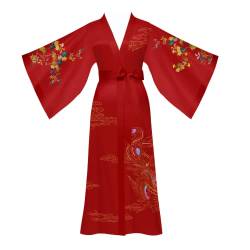 Yemmert Satin Morgenmantel Damen Leicht Lang Robe Phönix Kimono Satin Bademantel Damen Strandkleid Leicht Schlafmantel (Rot) von Yemmert