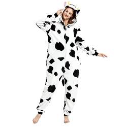 Yemnut Snug Fit Erwachsene Unisex Onesie Cosplay Kostüm, Einteiler Pyjama Halloween Homewear Anzug für Damen und Herren, Kuh, Small von Yemnut