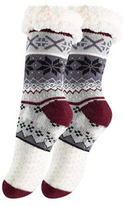 Yenita 2 Paar Hüttensocken mit weichem Innenfell und ABS-Sohle, Warme Winter Socken (One Size (36-41), Jumping Deer-bordeaux) von Yenita
