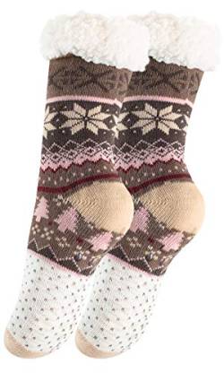 Yenita 2 Paar Hüttensocken mit weichem Innenfell und ABS-Sohle, Warme Winter Socken (One Size (36-41), Jumping Deer-sand) von Yenita