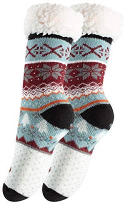 Yenita 2 Paar Hüttensocken mit weichem Innenfell und ABS-Sohle, Warme Winter Socken (One Size (36-41), Jumping Deer-schwarz) von Yenita