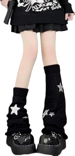 Damen-Beinwärmer Y2k Star Pattern Knit Warme Socken Harajuku Gothic Punk Boot Socken Kawaii Streetwear Beinwärmer Teenage Girls Winter Lange Socken (Schwarz,Eine Größe) von Yeooa
